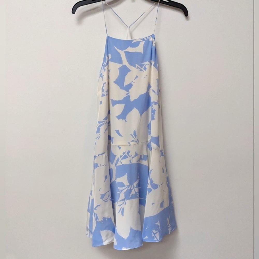 Club Monaco Blue & White Floral Spaghetti Crossback Strap Silky Slip Style Dress